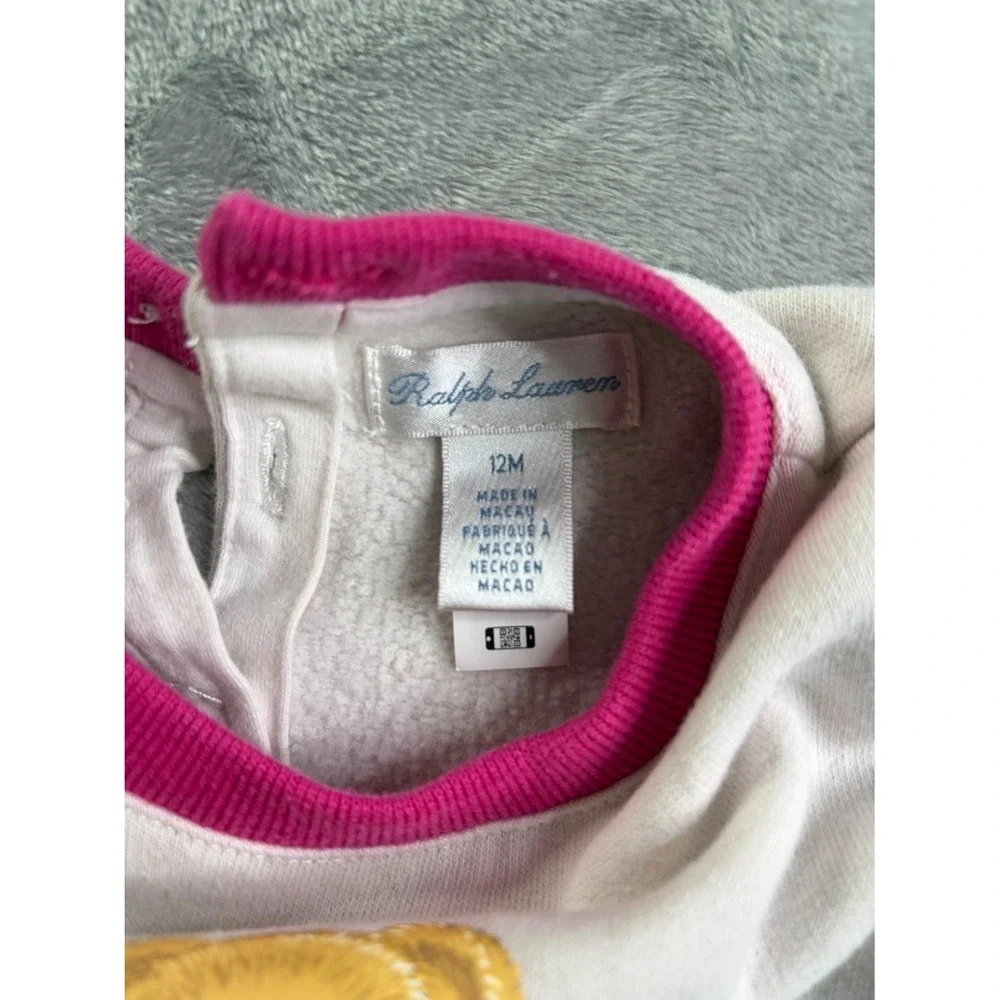 Ralph Lauren Polo Bear Baby Girl Sweatshirt Dress 12M Cream Pink Ruffle Hem